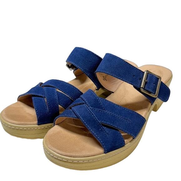 Lands' End Luggage Blue Suede Clara Vlog Platform Block Heel Slide Wedge Women 8 - Picture 3 of 8